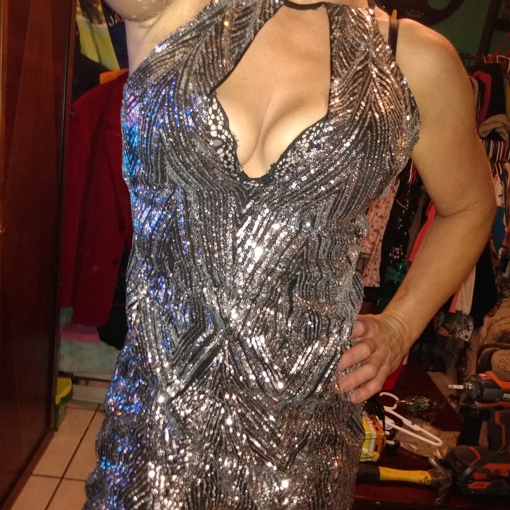 Banjul Silver Sparkly Sexy Low Cut Dress Elegant